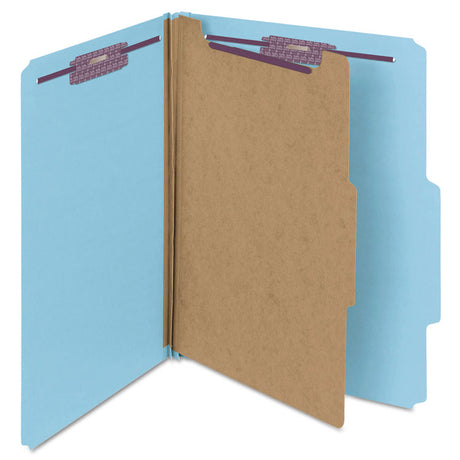 Four-Section Pressboard Top Tab Classification Folders, Four SafeSHIELD Fasteners, 1 Divider, Letter Size, Blue, 10/Box