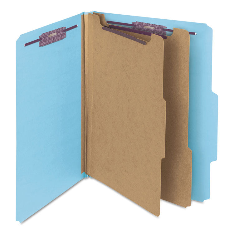 Six-Section Pressboard Top Tab Classification Folders, Six SafeSHIELD Fasteners, 2 Dividers, Letter Size, Blue, 10/Box