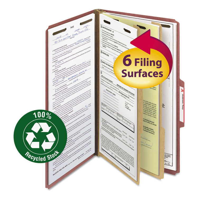 Recycled Pressboard Classification Folders, 2" Expansion, 2 Dividers, 6 Fasteners, Legal Size, Red Exterior, 10/Box