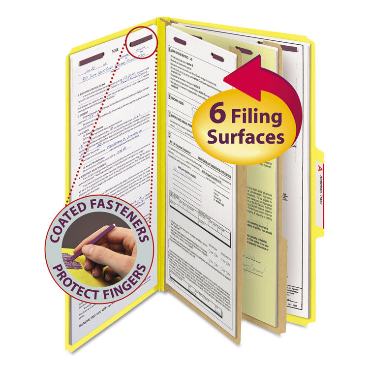 Six-Section Pressboard Top Tab Classification Folders, Six SafeSHIELD Fasteners, 2 Dividers, Legal Size, Yellow, 10/Box