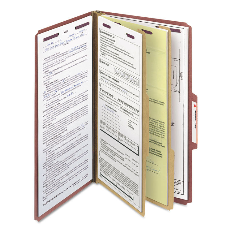 Pressboard Classification Folders, Six SafeSHIELD Fasteners, 2/5-Cut Tabs, 2 Dividers, Legal Size, Red, 10/Box