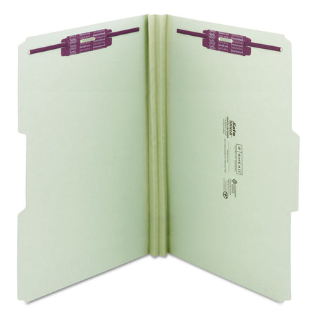 Recycled Pressboard Fastener Folders, 1/3-Cut Tabs, Two SafeSHIELD Fasteners, 2" Expansion, Legal Size, Gray-Green, 25/Box