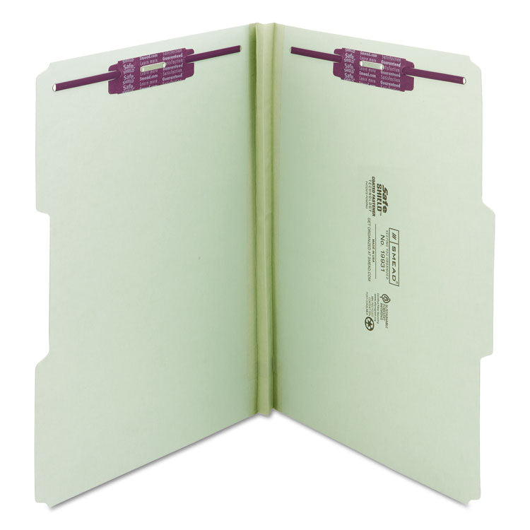 Recycled Pressboard Fastener Folders, 1/3-Cut Tabs, Two SafeSHIELD Fasteners, 1" Expansion, Legal Size, Gray-Green, 25/Box