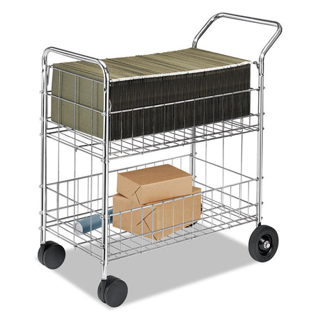 Wire Mail Cart, Metal, 2 Bins, 21.5" x 37.5" x 39.5", Chrome