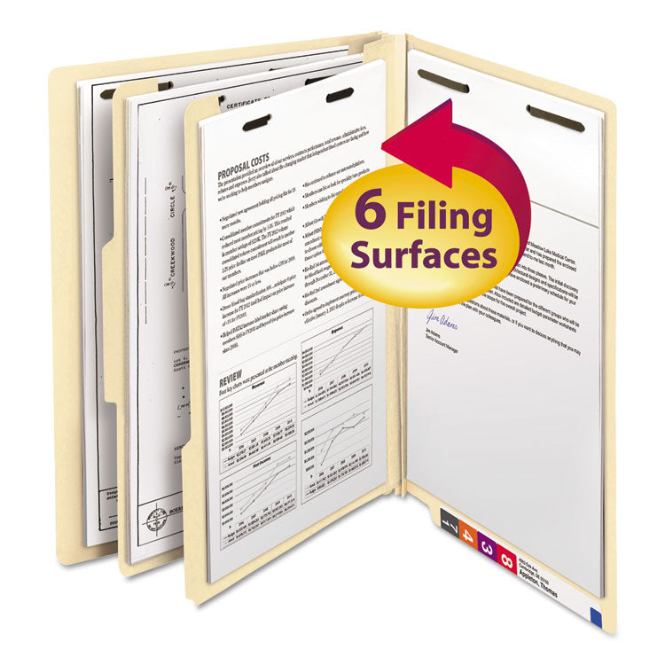 Manila End Tab Classification Folders, 2" Expansion, 2 Dividers, 6 Fasteners, Letter Size, Manila Exterior, 10/Box