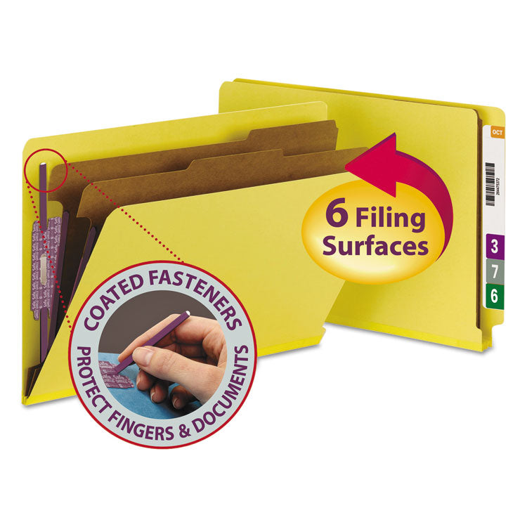 End Tab Pressboard Classification Folders, Six SafeSHIELD Fasteners, 2  Expansion, 2 Dividers, Legal Size, Yellow, 10/Box