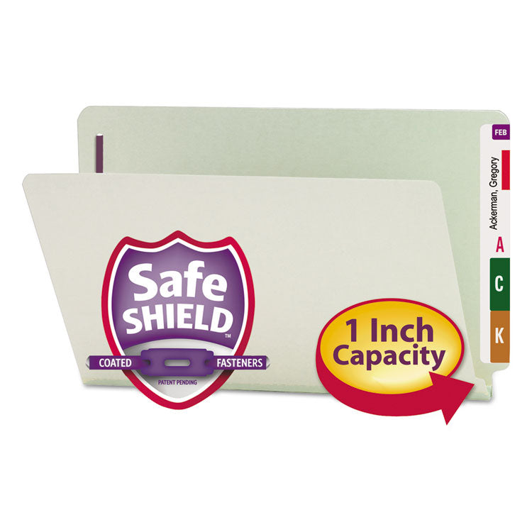 End Tab Pressboard Classification Folders, Two SafeSHIELD Coated Fasteners, 1" Expansion, Legal Size, Gray-Green, 25/Box