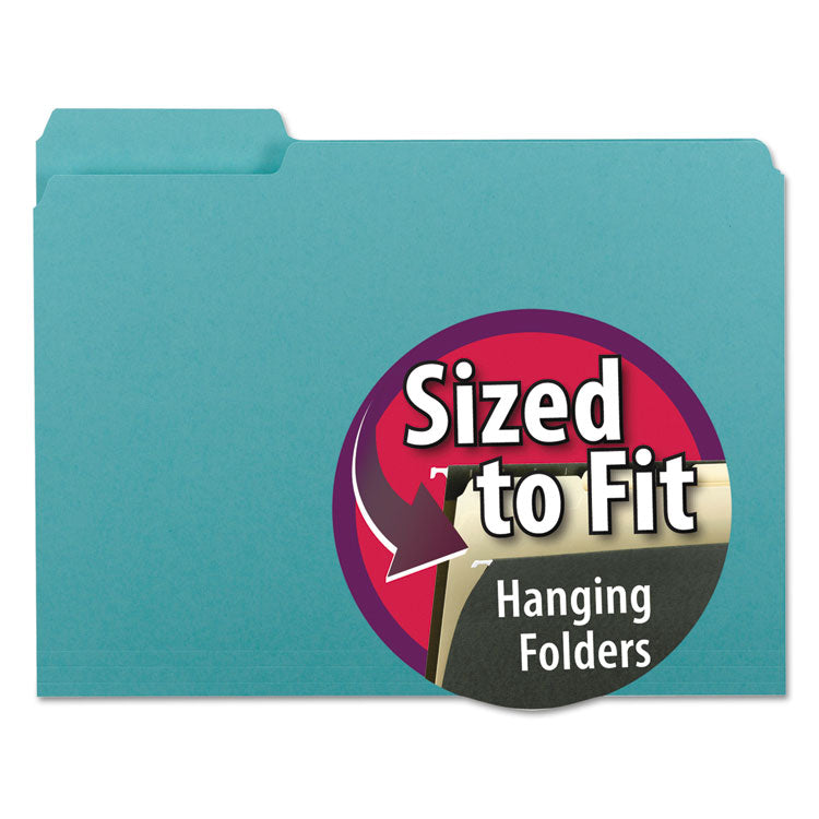 Interior File Folders, 1/3-Cut Tabs: Assorted, Letter Size, 0.75" Expansion, Aqua, 100/Box