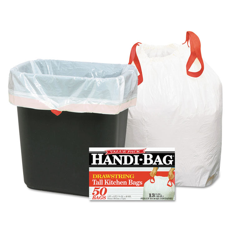 Drawstring Kitchen Bags, 13 gal, 24  x 27.4 , White, 50 Bags/Box, 6 Boxes/Carton