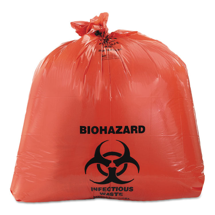 Healthcare Biohazard Printed Can Liners, Biohazard Infectious Waste, 30 gal, 1.3 mil, 30  x 43 , Red, Flat Pack, 200/Carton