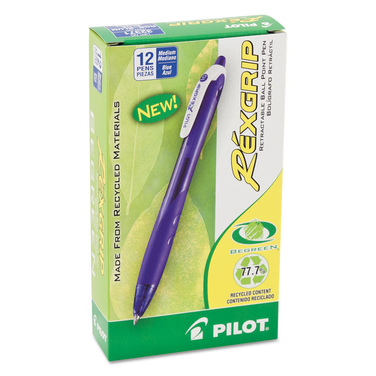 RexGrip BeGreen Ballpoint Pen, Retractable, Medium 1 mm, Blue Ink, Translucent Blue Barrel, Dozen