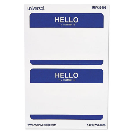 Hello Self-Adhesive Name Badges, 3.5 x 2.25, White/Blue, 100/Pack