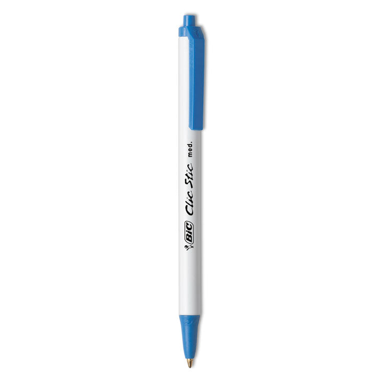 Clic Stic Ballpoint Pen, Retractable, Medium 1 mm, Blue Ink, White Barrel, Dozen