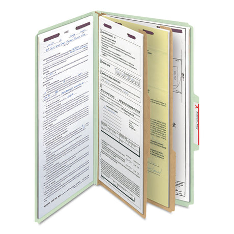 Pressboard Classification Folders, Six SafeSHIELD Fasteners, 2/5-Cut Tabs, 2 Dividers, Legal Size, Gray-Green, 10/Box