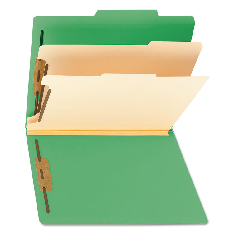 Top Tab Classification Folders, Six SafeSHIELD Fasteners, 2" Expansion, 2 Dividers, Letter Size, Green Exterior, 10/Box