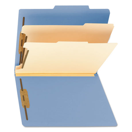 Top Tab Classification Folders, Six SafeSHIELD Fasteners, 2" Expansion, 2 Dividers, Letter Size, Blue Exterior, 10/Box