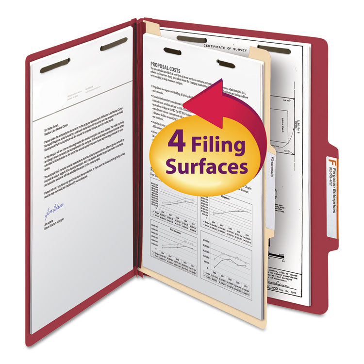 Top Tab Classification Folders, Four SafeSHIELD Fasteners, 2" Expansion, 1 Divider, Letter Size, Red Exterior, 10/Box