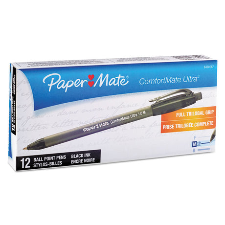 ComfortMate Ultra Ballpoint Pen, Retractable, Medium 1 mm, Black Ink, Black Barrel, Dozen