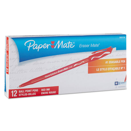 Eraser Mate Ballpoint Pen, Stick, Medium 1 mm, Red Ink, Red Barrel, Dozen