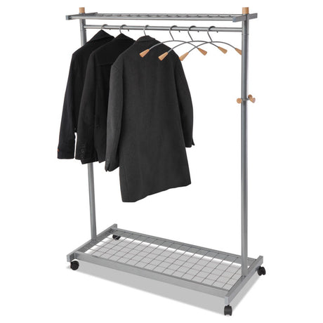 Garment Racks, Two-Sided, 2-Shelf Coat Rack, 6 Hanger/6 Hook, 44.8w x 21.67d x 70.8h, Silver/Wood