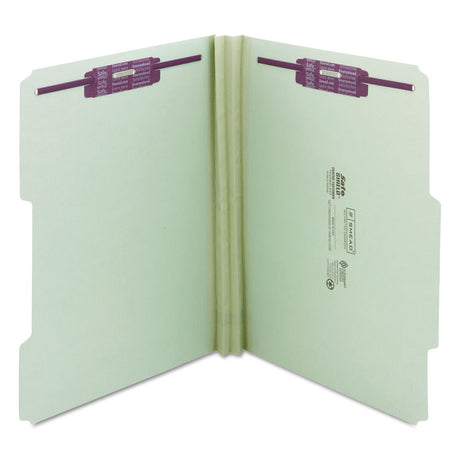 Recycled Pressboard Folders, Two SafeSHIELD Coated Fasteners, 2/5-Cut: R of C, 2" Expansion, Letter Size, Gray-Green, 25/Box