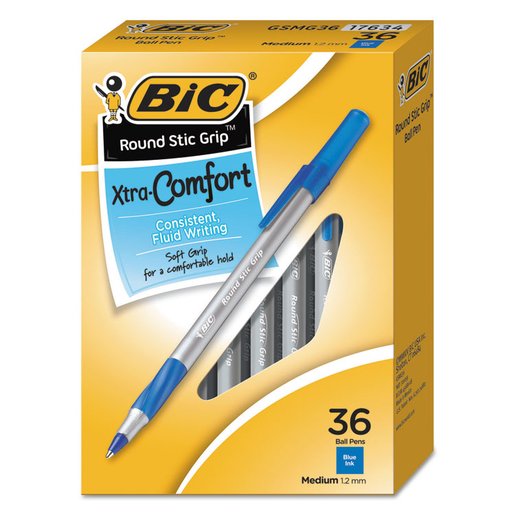 Round Stic Grip Xtra Comfort Ballpoint Pen Value Pack, Easy-Glide, Stick, Medium 1.2 mm, Blue Ink, Gray/Blue Barrel, 36/Pack