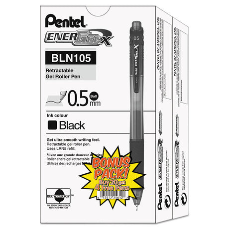 EnerGel-X Gel Pen, Retractable, Fine 0.5 mm Needle Tip, Black Ink, Clear/Black Barrel, 24/Pack