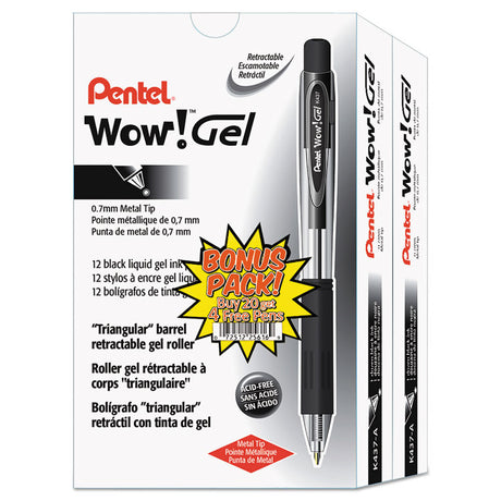 WOW! Gel Pen Bonus Pack, Retractable, Medium 0.7 mm, Black Ink, Clear/Black Barrel, 24/Pack