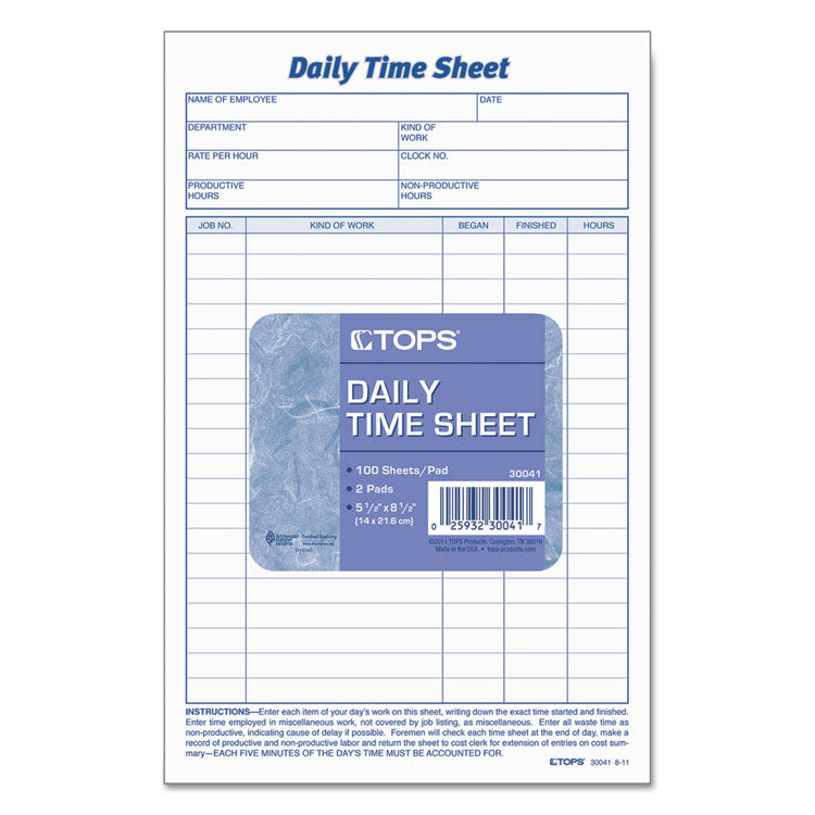 Daily Time and Job Sheets, One-Part (No Copies), 8.5 x 5.5, 200 Forms/Pad, 2 Pads/Pack