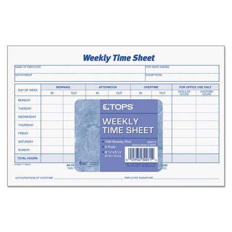 Weekly Time Sheets, One-Part (No Copies), 8.5 x 5.5, 50 Forms/Pad, 2 Pads/Pack