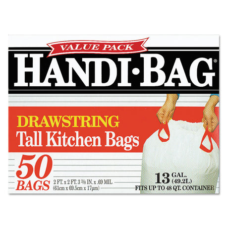 Drawstring Kitchen Bags, 13 gal, 24  x 27.4 , White, 50 Bags/Box, 6 Boxes/Carton