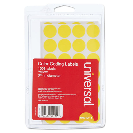 Self-Adhesive Removable Color-Coding Labels, 0.75" dia, Yellow, 28/Sheet, 36 Sheets/Pack