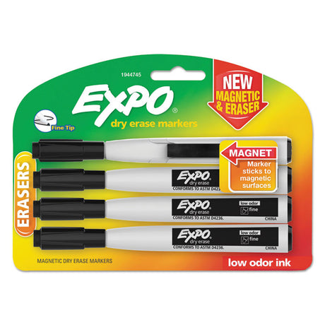 Magnetic Dry Erase Marker, Fine Bullet Tip, Black, 4/Pack