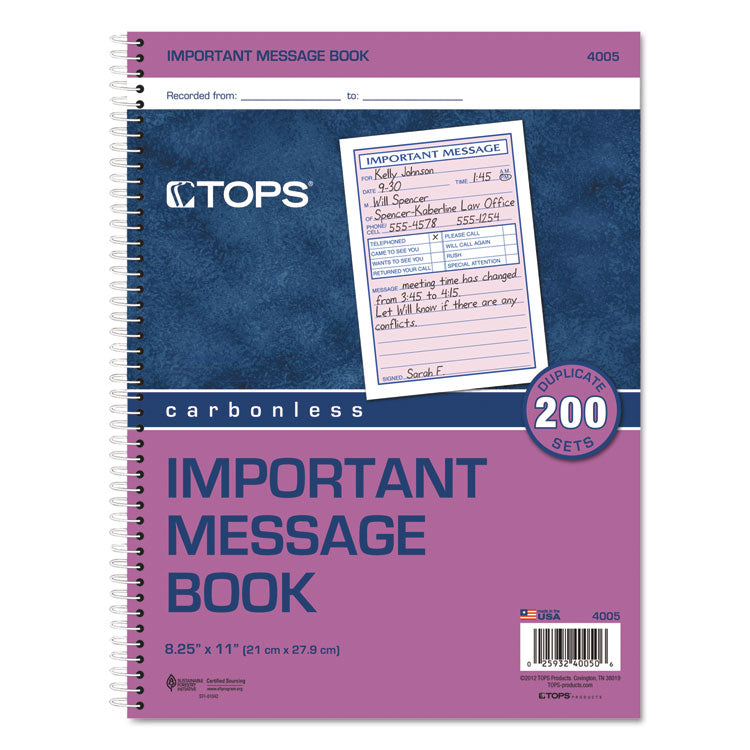 Telephone Message Book with Fax/Mobile Section, Two-Part Carbonless, 3.88 x 5.5, 4 Forms/Sheet, 200 Forms Total