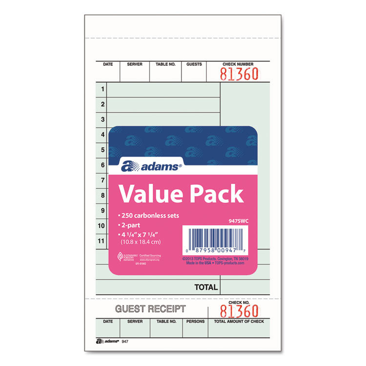 Guest Check Unit Set, Two-Part Carbonless, 6.75 x 4.25, 50 Forms/Pad, 5 Pads/Pack