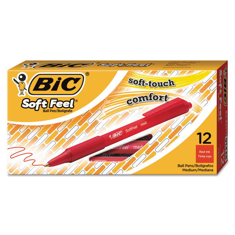 Soft Feel Ballpoint Pen, Retractable, Medium 1 mm, Red Ink, Red Barrel, Dozen