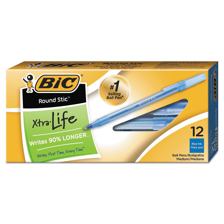 Round Stic Xtra Life Ballpoint Pen, Stick, Medium 1 mm, Blue Ink, Translucent Blue Barrel, Dozen