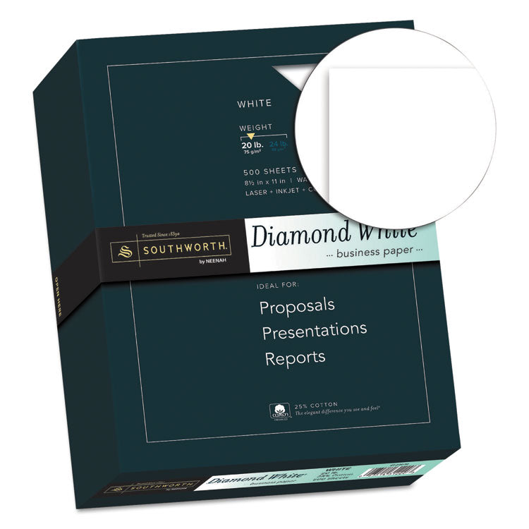 25% Cotton Diamond White Business Paper, 95 Bright, 20 lb Bond Weight, 8.5 x 11, 500/Ream