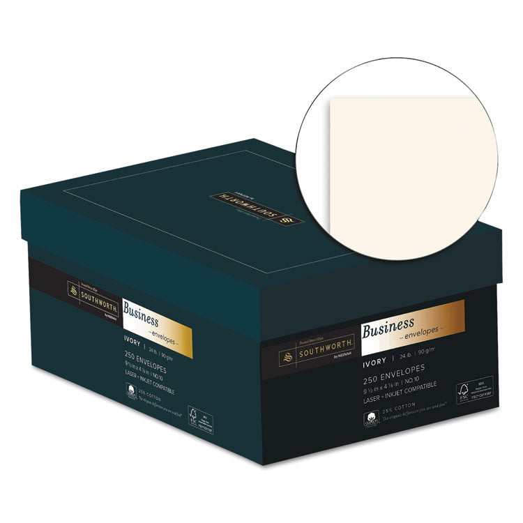 25% Cotton #10 Business Envelope, Commercial Flap, Gummed Closure, 4.13 x 9.5, Ivory, 250/Box