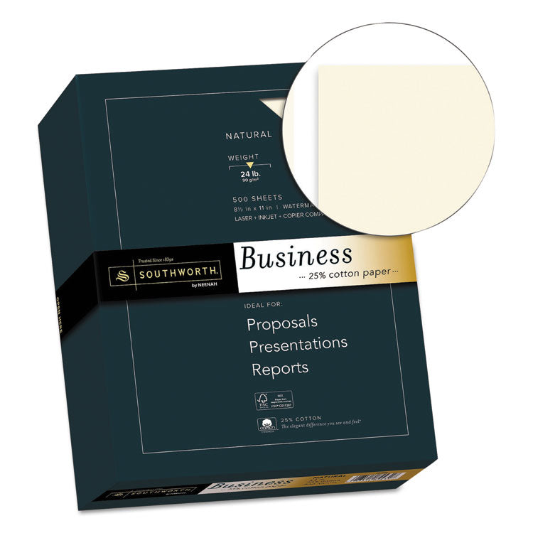 25% Cotton Business Paper, 24 lb Bond Weight, 8.5 x 11, Natural, 500 Sheets/Ream