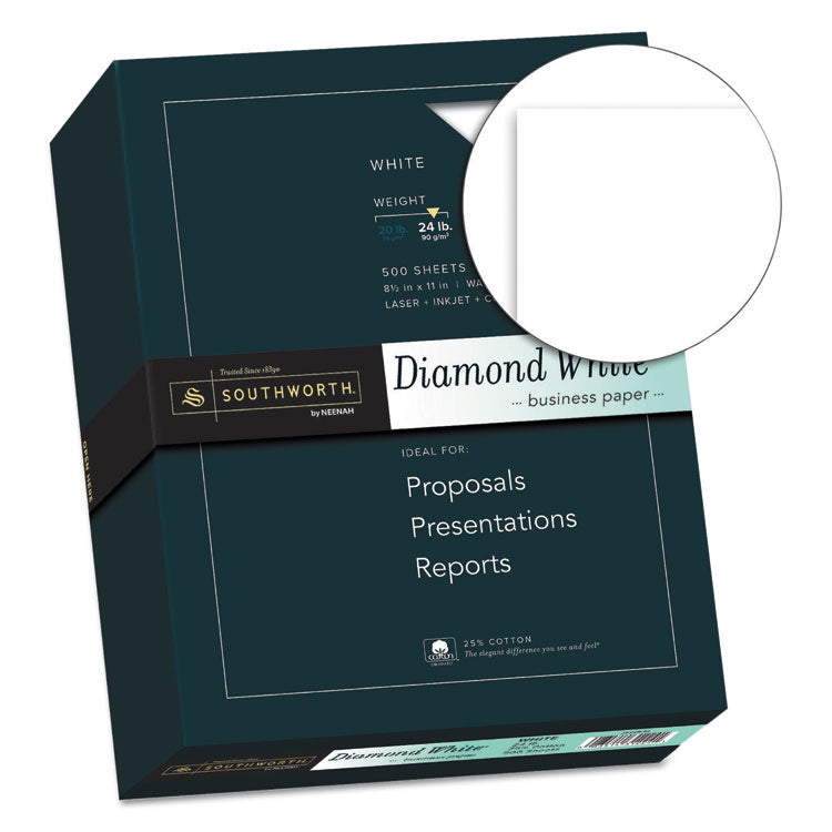 25% Cotton Diamond White Business Paper, 95 Bright, 24 lb Bond Weight, 8.5 x 11, 500/Ream