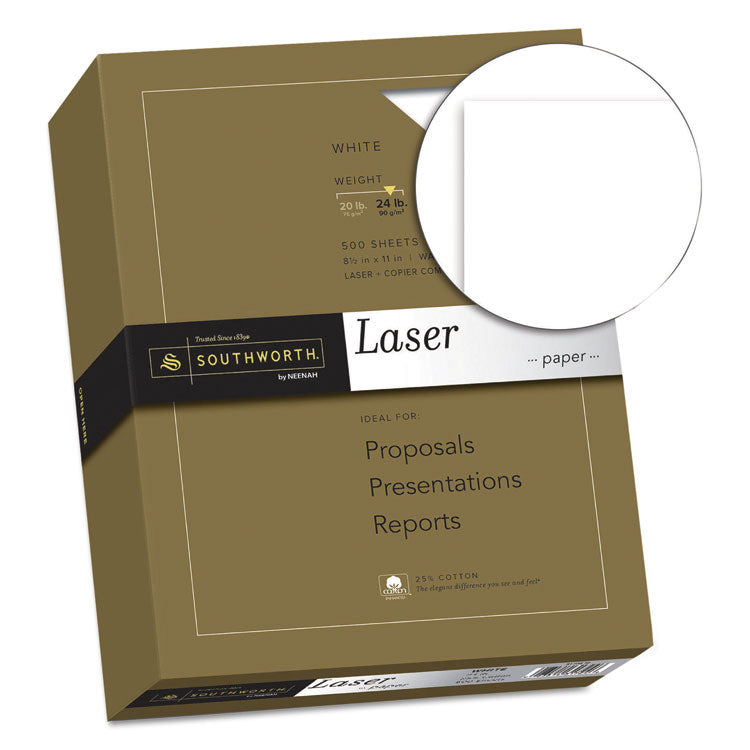 25% Cotton Laser Paper, 95 Bright, 24 lb Bond Weight, 8.5 x 11, White, 500/Ream