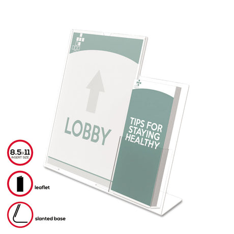 Superior Image Slanted Sign Holder with Side Pocket, 13.5w x 4.25d x 10.88h, Clear