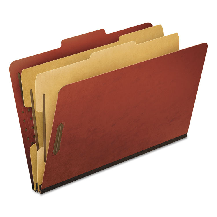 Six-Section Pressboard Classification Folders, 2" Expansion, 2 Dividers, 6 Fasteners, Legal Size, Red Exterior, 10/Box