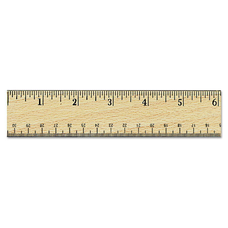 Flat Wood Ruler w/Double Metal Edge, Standard, 12" Long, Clear Lacquer Finish