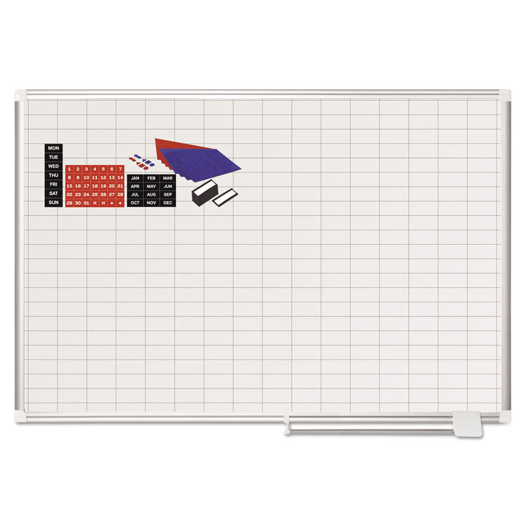 Gridded Magnetic Steel Dry Erase Planning Board with Accessories, 1 x 2 Grid, 48 x 36, White Surface, Silver Aluminum Frame