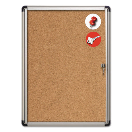 Slim-Line Enclosed Cork Bulletin Board, One Door, 28 x 38, Tan Surface, Aluminum Frame