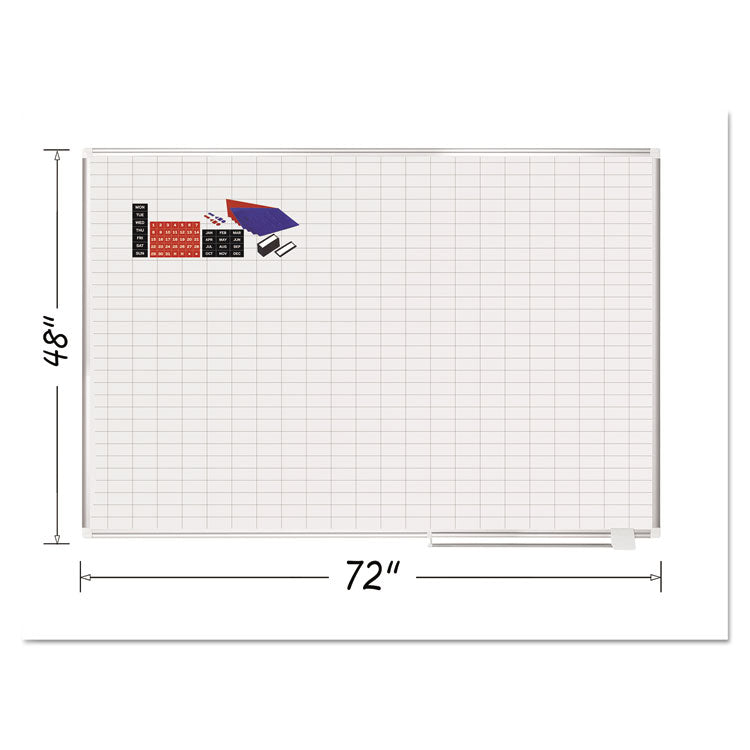 Gridded Magnetic Steel Dry Erase Planning Board with Accessories, 1 x 2 Grid, 72 x 48, White Surface, Silver Aluminum Frame