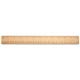 Flat Wood Ruler w/Double Metal Edge, Standard, 12" Long, Clear Lacquer Finish