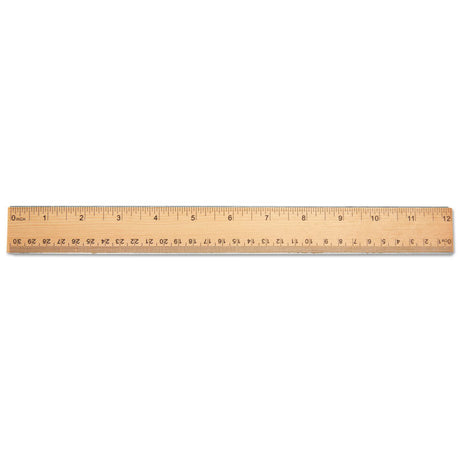 Flat Wood Ruler w/Double Metal Edge, Standard, 12" Long, Clear Lacquer Finish